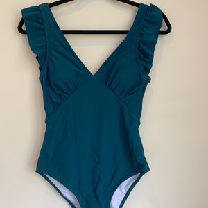 Solid Teal V-Neck One-piece Swimsuit w/ ruffle